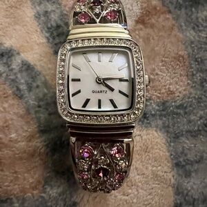 Silver-tone Women's Quartz Watch with Pink Crystal Accents